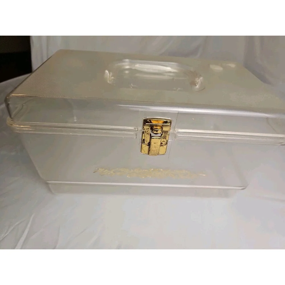 Vintage Will Hold Clear Lucite Sewing Box Gold Floral Craft Storage Carry Case